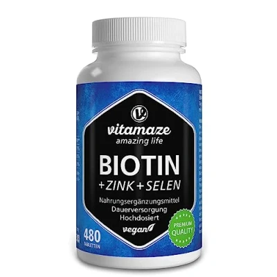 Afbeelding van Biotine hooggedoseerd 10.000 mcg + selenium zink voor haargroei, huid &amp; nagels, 480 veganistische tabletten dagen, voedingssupplement zonder toevoegingen, Made in Germany