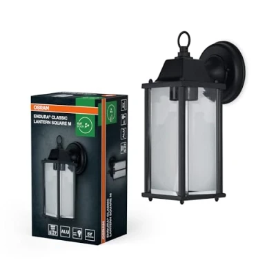 Afbeelding van OSRAM ENDURA Classic buitenlamp M E27 zwart, IP43, aluminium behuizing, helder glas, zonder lamp, wandmontage voor beschermde gebieden