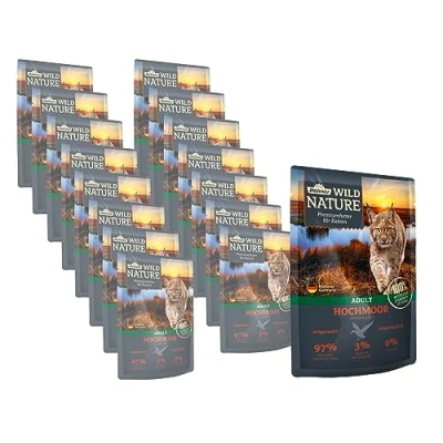 Afbeelding van Dehner Wild Nature Kattenvoer hoogveen, natvoer, graanvrij/suikervrij, voor volwassen katten, eend/kalkoen, 16 x 85 g zak (1,36 kg)