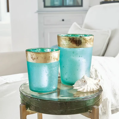 Afbeelding van LOBERON Windlicht set van 2 Ewena turquoise/goud