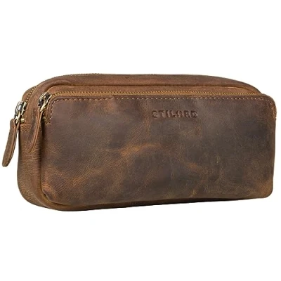 Afbeelding van STILORD &#039;Melissa&#039; Lederen Pennenetui Vintage Pennenzak Pennenbakja ideaal als Bag Organizer Make Up Pennenhosje van Echt Leer, Kleur:middel bruin