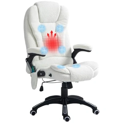 Afbeelding van Vinsetto Massagebureaustoel met kantelfunctie, bureaustoel, in hoogte verstelbare directeursstoel verwarmingsfunctie, ligfunctie, draaistoel voetensteun, teddyfluweel, wit
