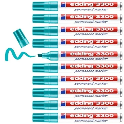 Afbeelding van edding 3300 permanent marker turquoise 10 stiften beitelpunt 1 5 mm sneldrogende water en wrijfvast voor karton, kunststof, hout, metaal universele