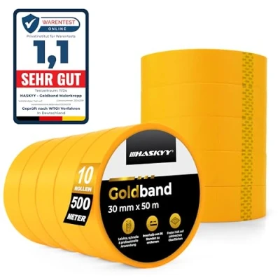 Afbeelding van HASKYY Goldband afplakband 10 x schilderstape 30 mm 50 m professionele schildertape washi tape goud papiertape zelfklevend