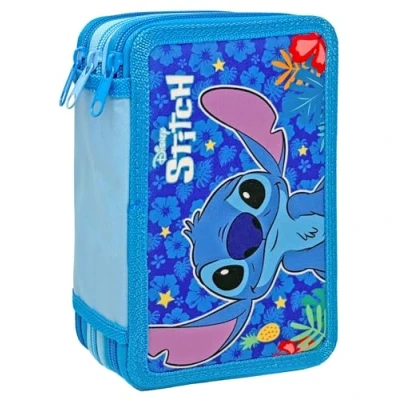 Afbeelding van Clondo Drievoudig gevuld etui voor kinderen, jongens en meisjes, 44 schoolbenodigdheden, 3 ritssluitingen, kleurpotloden, viltstiften, schaar, Stitch Pin, Cartoon thema, polyester, ritssluiting