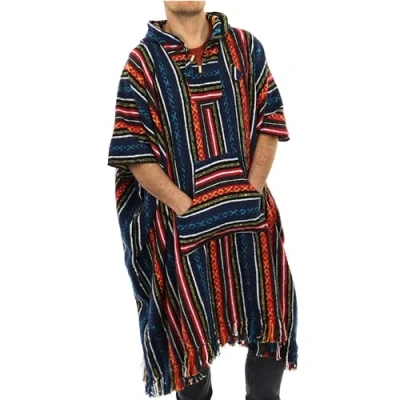 Afbeelding van LOUDelephant Geborsteld katoen lange poncho met capuchon Gheri Mexicaanse stijl Hoody, Blauw en rood, One size