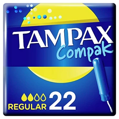 Afbeelding van Tampax Compak, tampons met applicator, regelmatig, 22 afzonderlijke hoezen, lichte tot middelgrote stroom, bescherming tegen lekken en discretie, fris gevoel, comfortabel inbrengen