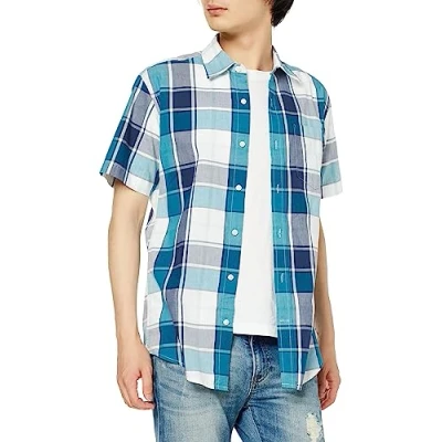 Afbeelding van Amazon Essentials Men&#039;s Poplin overhemd met normale pasvorm en korte mouwen, Blauwgroen Wit Grote ruiten, S