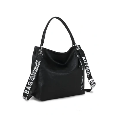 Afbeelding van Dames schouder tas met letterprint schouderband handvatten ZWART kleur