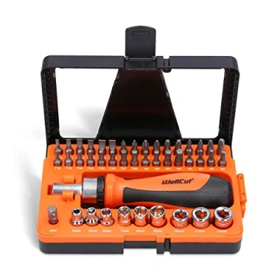 Afbeelding van WellCut Magnetische Ratchet Schroevendraaier Set 44 Stuk met Draaibaar Handvat Plus Accessoires, Antislip voor Werk Thuis Diy Snelle Reparatie, Zwart &amp; Oranje