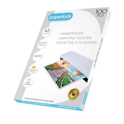 Afbeelding van Paperlock verpakking met 100 lamineerhoezen A3, 2 x 125 mic, glanzende afwerking, transparant, kan variëren