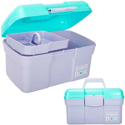 Afbeelding van Creahaus 28 cm multifunctionele opbergdoos met afneembaar dienblad, kleine kunststof handvat, draagbare kunsthandwerk, organisatiekoffer voor naaien, make up, medicijnen, nagels