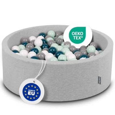 Afbeelding van KiddyMoon 90 x 30 cm babyballenbak van schuim / 300 ballen met diameter 7 cm. Gecertificeerd gemaakt in de EU, lichtgrijs: donker turkoois grijs wit lichtgroen (Mint)