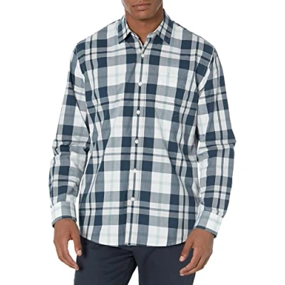 Afbeelding van Amazon Essentials Men&#039;s Casual poplin overhemd met normale pasvorm en lange mouwen, Vintage indigo Wit Plaid, M
