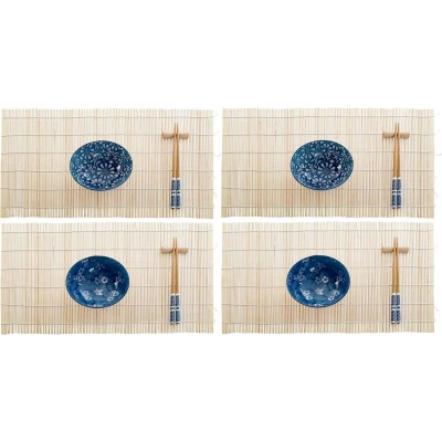 Afbeelding van 16 delige sushi serveer set keramiek voor 4 personen wit/blauw Bordjes