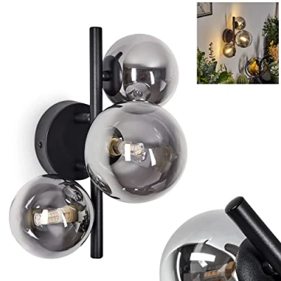 Afbeelding van wandlamp Chehalis, van metaal/glas in zwart/rook, lamp modern design, met ronde kappen glas, 1 lamp, 3 x G9, zonder gloeilampen