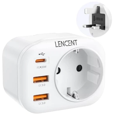 Afbeelding van LENCENT UK netadapter, Engeland reisadapter met snel opladen QC3.0 + PD20W, Europa Spanje Portugal naar Groot Brittannië voor Schotland, Ierland, Wales, Malediven, Brittannië, type G