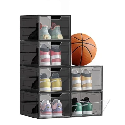 Afbeelding van SONGMICS Schoenendozen, 6 stuks, organizer met deur, schoenenopslag van kunststof, stapelbaar, eenvoudige montage, 27 x 34,5 19 cm, tot maat 46, zwart LSP032B06