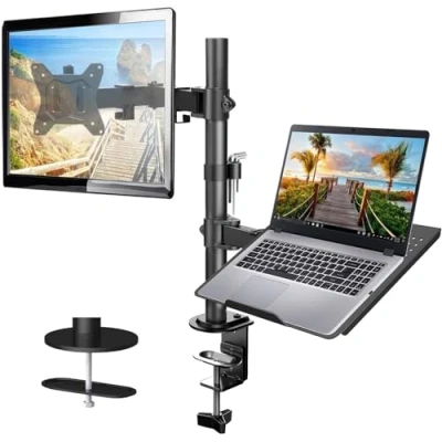 Afbeelding van HUANUO Monitor houder met laptop arm, volledig instelbaar voor 13 tot 27 inch LCD LED scherm &amp; max. 15,6 notebook, 2 montageopties