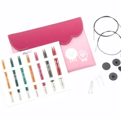 Afbeelding van KnitPro Dreamz verwisselbare naaldenset 7 paar rondbreinaalden van 13 cm met accessoires Midi set, kleurgecodeerd voor beginners, professionals en geschenkdoos