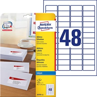 Afbeelding van Avery Adresetiketten 45,7 x 21,2 mm, wit, Inkjetprinter, permanent kle