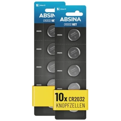 Afbeelding van ABSINA knoopcellen CR2032 3V 10 stuks Batterijen lekvrij en met lange houdbaarheid CR 2032, 2032 lithium batterijen, knoopcel voor autosluitingen enz