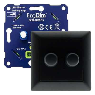Afbeelding van Merten duo led dimmer, ECO DIM.05, druk/draai, kleine inbouwdiepte, 2x 100W LED, inclusief zwart afdekmateriaal passend in series