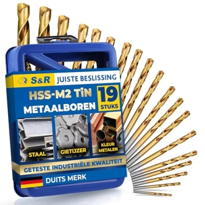 Afbeelding van S &amp; R metaalboorset 19 stk: 1,0 10 mm, 135, DIN 338, geslepen, HSS Titanium, nitriet titanium coating, metalen box, professionele kwaliteit