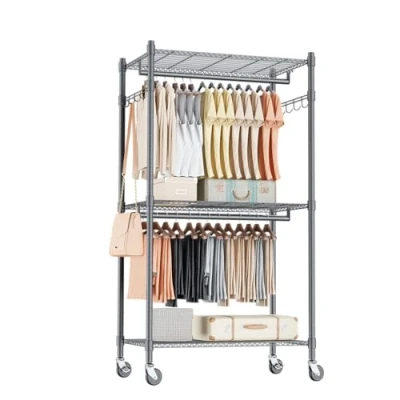Afbeelding van Himimi Dubbele Kledingrek/Kledingstang met Verstelbare Planken, Kledingrek 2 Haken, Kledingstang op Wielen, 60 * 42 205cm, Grijs
