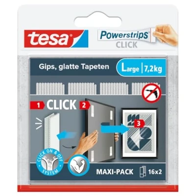 Afbeelding van tesa Powerstrips CLICK Zelfklevende Strips voor Vast en Losklikken van Fotolijsten Wanddecoratie zonder te Boren Kleefstrips met ON OFF Kliksysteem Large 16 x 2 Stuks