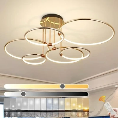 Afbeelding van YYUTLUO LED Plafondlamp, Ø105cm Gouden Metalen Cirkel Kroonluchter, 145W Traploos Dimbaar 3000 6000K, Moderne Ronde Gegalvaniseerde Hanger Slaapkamer Wonen Kinderen Kantoor Studeerkeuken Hal(6 Ringen)