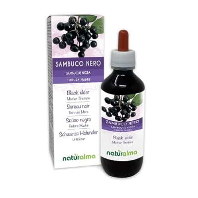 Afbeelding van Gewone vlier (Sambucus nigra) bloemen (vlierbloesem) en vruchten (vlierbessen) Alcoholvrije moedertinctuur Naturalma Vloeibaar extract druppels 200 ml Voedingssupplement Veganistisch