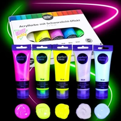 Afbeelding van perfect ideaz 5 x 75 (375ml) blacklight acrylverf, verschillende muurschilderkleuren, hoog aandeel licht &amp; kleurpigmenten, Acrylic Paint Set met glow effect, UV licht, lichtgevend in het donker