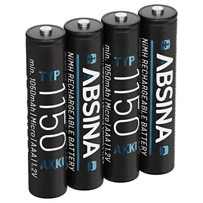 Afbeelding van ABSINA AAA Batterij 1150 NiMH 4 pack Micro met 1.2V &amp; min. 1050 mAh batterijen oplaadbaar voor apparaten hoog stroomverbruik ideaal