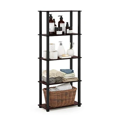 Afbeelding van Furinno 5 laags multifunctioneel rek met vierkante buizen, hout, donkere kers/zwart, 29,46 x 59,94 145,8 cm