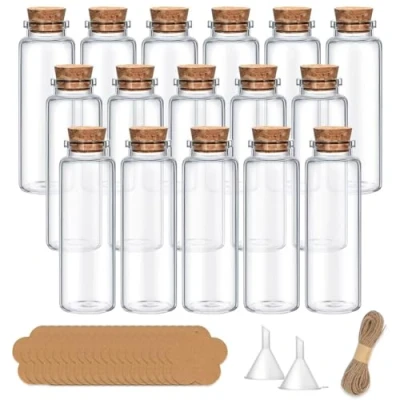 Afbeelding van Yagaspantery 16 stuks 40 ml mini glazen flessen, kleine flessen kit met kurk en etiket, trechter, henneptouw. kruidenpotjes voor bruiloftsdecoratie, handwerk, doe het zelf decoratie