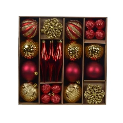 Afbeelding van Decoris Kerstballen en ornamenten set 46 delig rood/goud kunststof kerstversiering