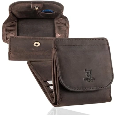 Afbeelding van MATADOR kleine Wiener Box Mini portemonnee heren klein leer dames met RFID blokker damesportemonnee geschenkverpakking, donkerbruin, Vintage