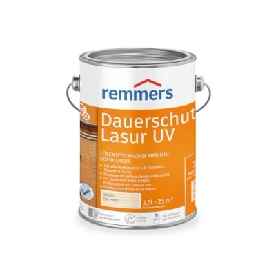 Afbeelding van Remmers Houtbeits Long Life UV wit, 2,5 liter, oplosmiddelhoudende bescherming voor hout buiten, hoge ook lichte tinten en kleurloos UV+, blokvast, weerbestendig