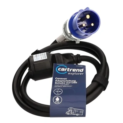 Afbeelding van cartrend Explorer CEE adapterkabel met stekker en geaarde koppeling, voor het aansluiten van elektrische apparaten op boordnet caravans, campers of stroomvoorzieningen, IP44, 1,5 m,