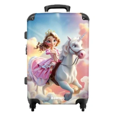 Afbeelding van NoBoringSuitcases.com® Koffer groot Rolkoffer lichtgewicht Prinses met roze jurk op witte eenhoorn Reiskoffer 4 wielen Grote trolley XL 20 kg bagage