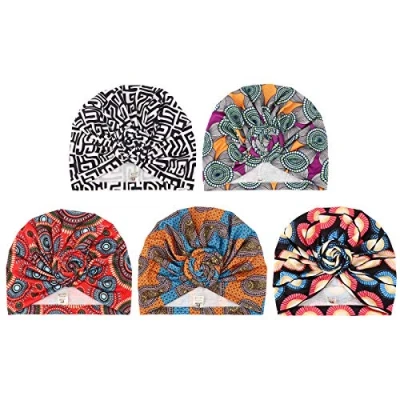 Afbeelding van DRESHOW 5 Pak Vrouwen Tulband Afrikaans Patroon Knoop Hoofddoek Beanie Voorgebonden Bonnet Chemo Pet Haaruitval Hoed