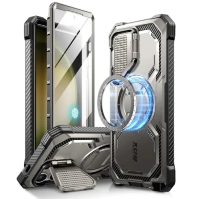 Afbeelding van i Blason Armorbox voor Samsung Galaxy S24 Ultra Case MagSafe met Camera Cover Stand [Ondersteuning Draadloze Oplader] 360 Full Body Screen Protector &amp; Kickstand Telefoonhoesje Ultra,