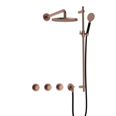 Afbeelding van Hotbath Cobber Regendoucheset IBS70 Geborsteld Koper PVD Ronde handdouche 30cm Hoofddouche Wandarm Handouche met glijstang