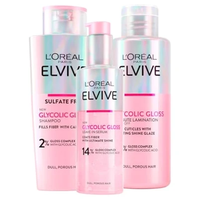 Afbeelding van L&#039;Oréal Paris Elvive Glycolic Gloss Leave In Serum 150ml + Shampoo 200ml 5 Minute Lamination Treatment Fixeert Dof Poreus Haar Intense en Langdurige Glans 3 Flessen