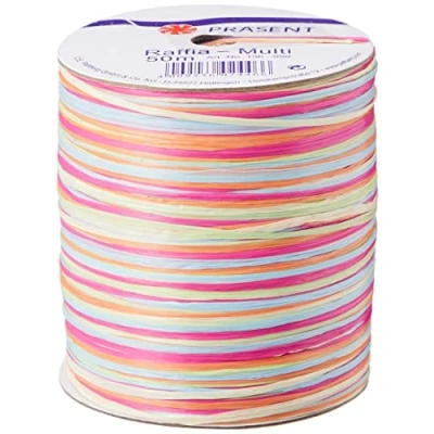 Afbeelding van PRÄSENT C.E. Pattberg Raffia Multicolor Bastlint, oranje groen paars blauw, 50 m cadeaulint om in te pakken, 5 strengs knutsellint voor geschenken, accessoires decoreren en knutselen