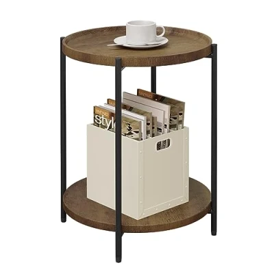 Afbeelding van WOLTU Ronde salontafel met 2 planken, woonkamertafel afneembaar tafelblad, nachtkastje, sofatafel, telefoontafel voor woonkamer, van MDF, metaal, vintage houtnerf, BTS06hov