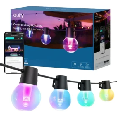 Afbeelding van eufy Security Lichtsnoer voor buiten, E10, 29 m, met 30 smart RGBWW leds, eindeloze AI lichtmodi feesten, IP65 waterdicht, tuin, hek, balkon, integratie camera&#039;s, spraak en