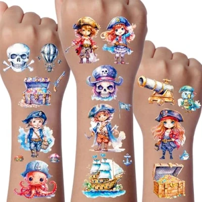 Afbeelding van Piraten Glitter Tattoo Set, 12 Vellen Tijdelijke Tatoeages voor kinderen, Waterdichte Nep Tatoegeringsreeks Met, Feestartikelen, Tatoeagestickers Gongens en Meisjes