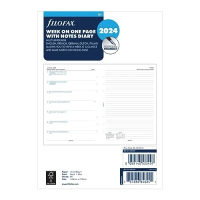 Afbeelding van Filofax A5 2024 1 week op pagina met notitieruimte ernaast